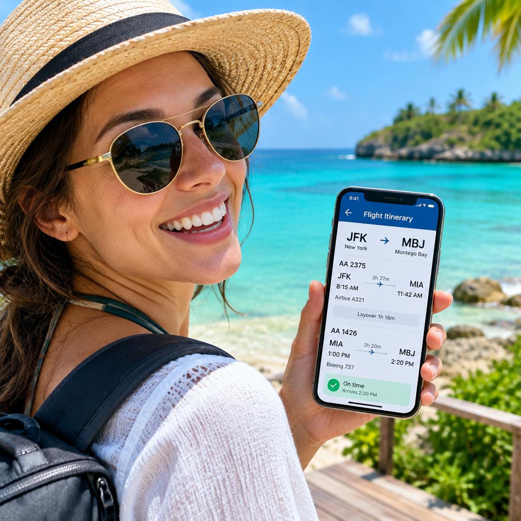 Traveler checking a flight itinerary on the beach