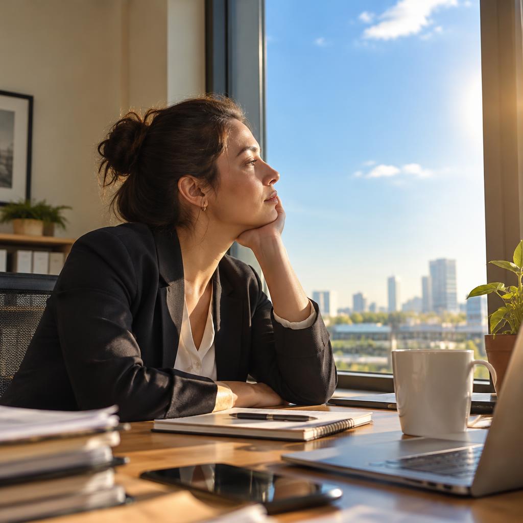Professional looking out an office window at a sunny sky