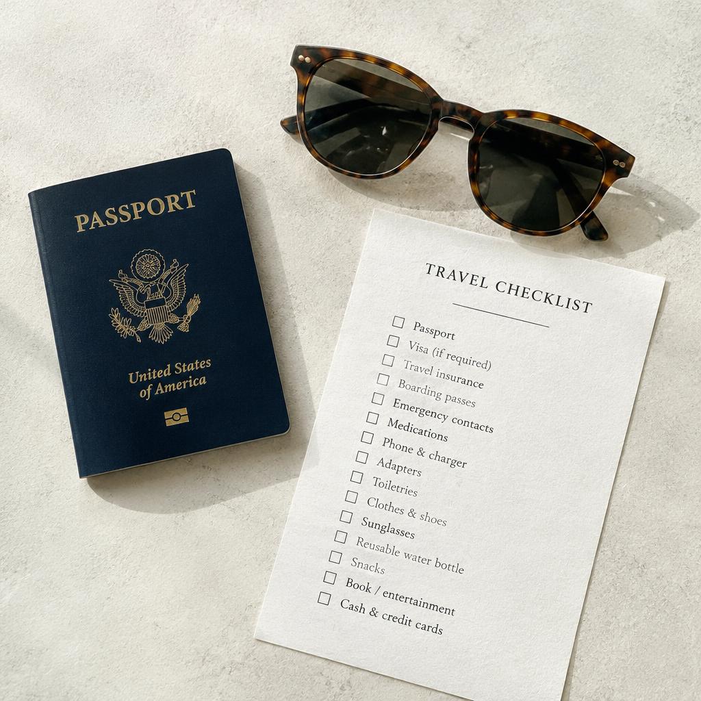 Passport, sunglasses and checklist