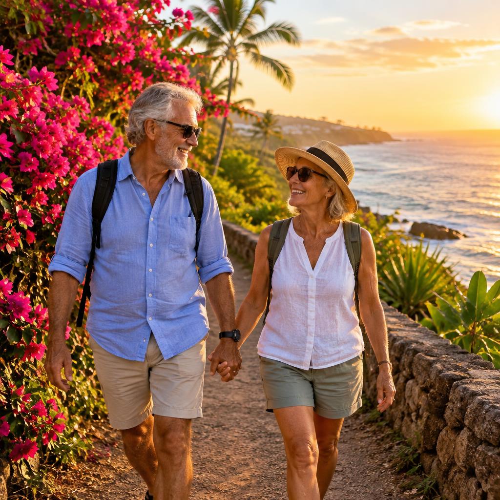 Retired couple walking along a tropical coastal path